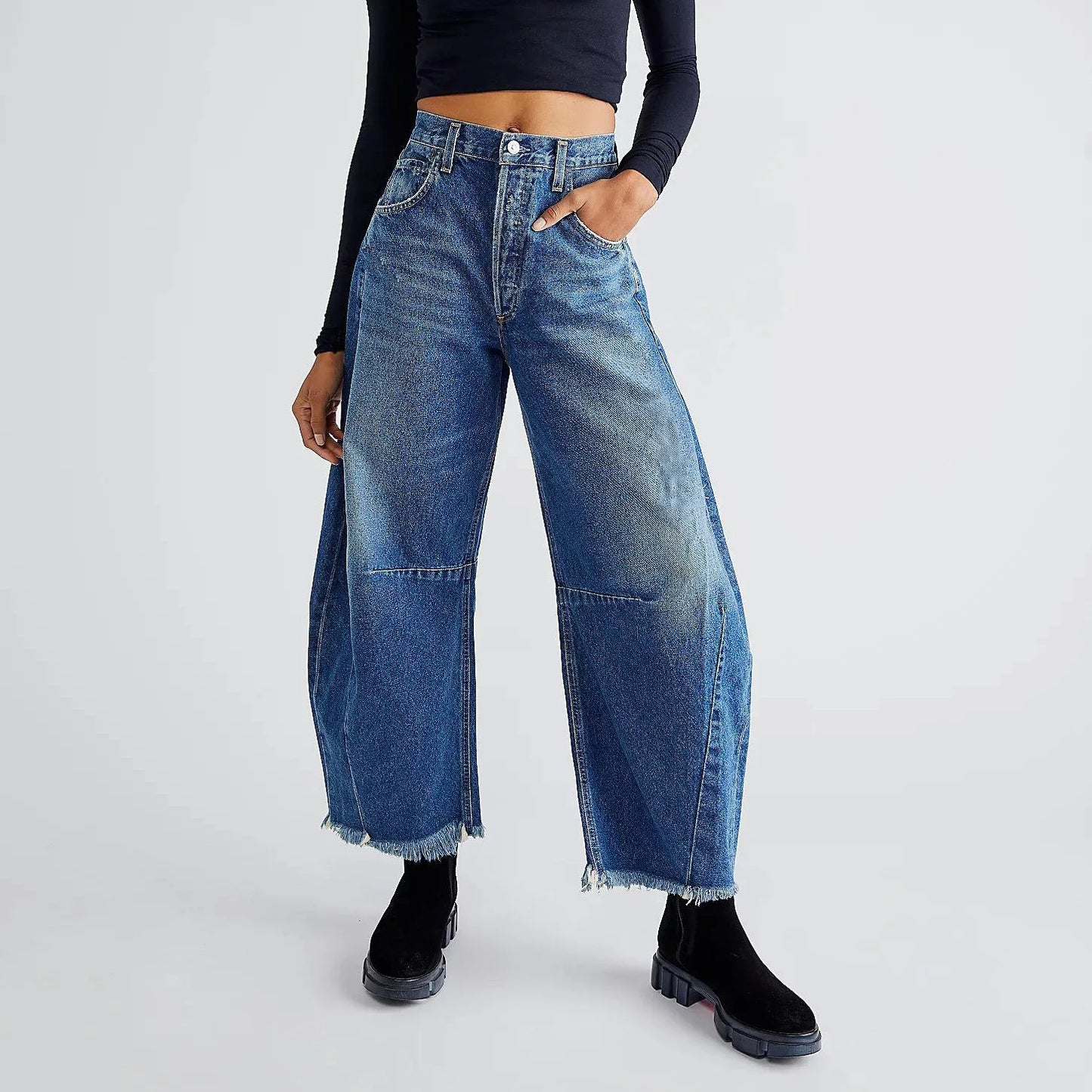 Blue Distressed Barrel Jeans