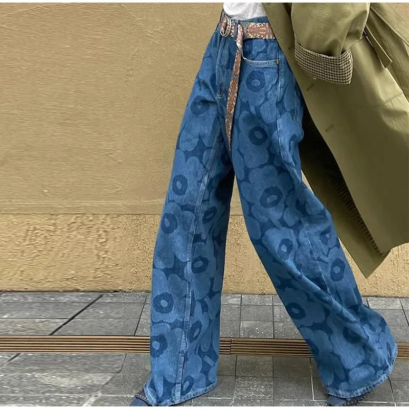Blue Floral Wide-Leg Jeans