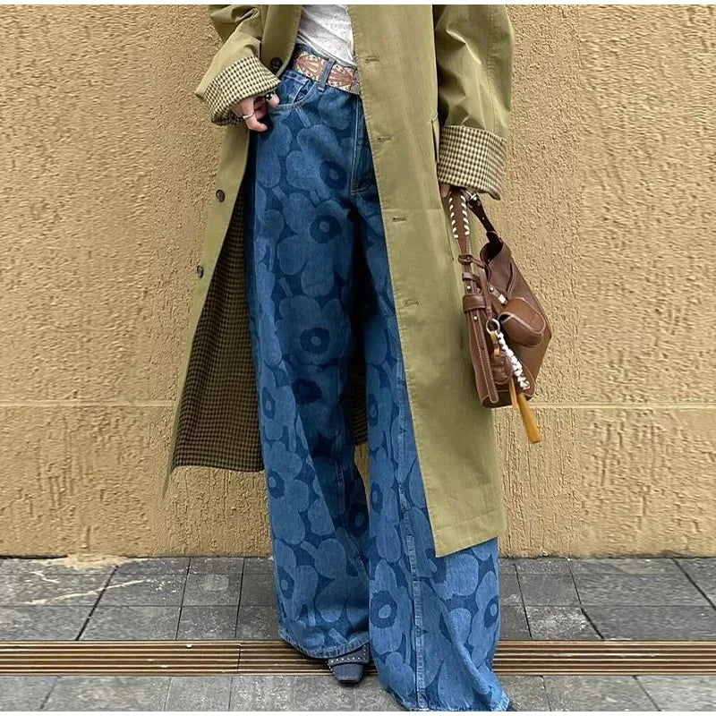 Blue Floral Wide-Leg Jeans