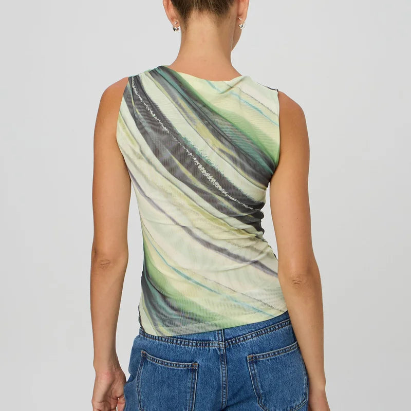 Tie-Dye Print Sleeveless Mesh Top