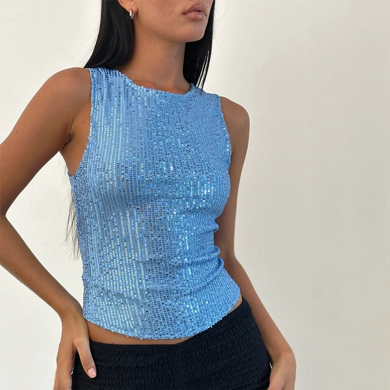 Sleeveless Crew Neck Sequin Top