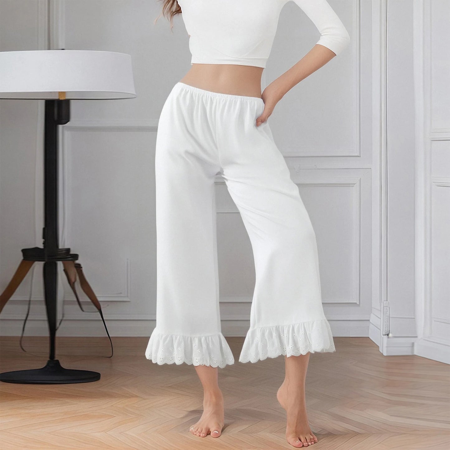 White Ruffle Hem Capri Pants