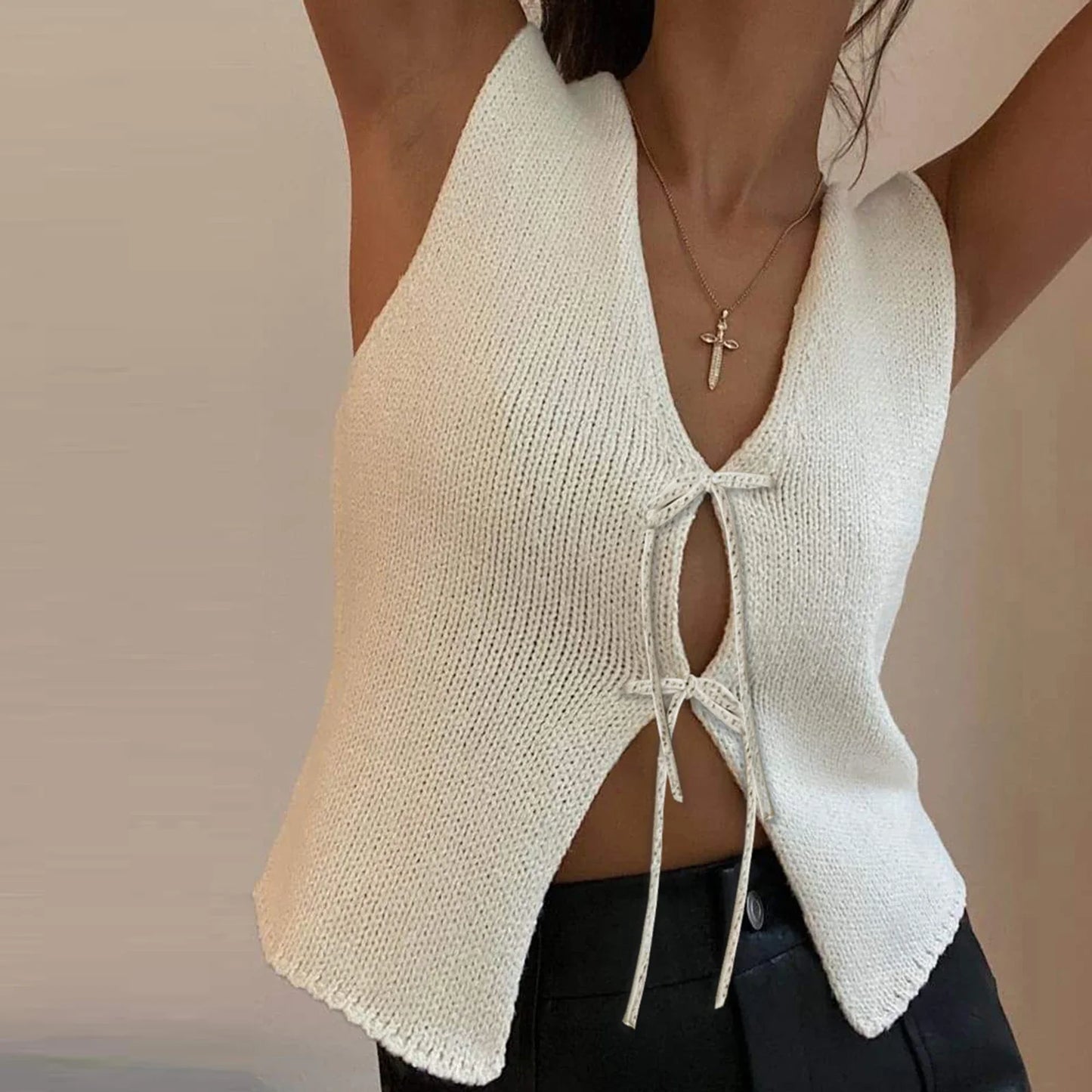 Open Front Sleeveless Bow Knot Top
