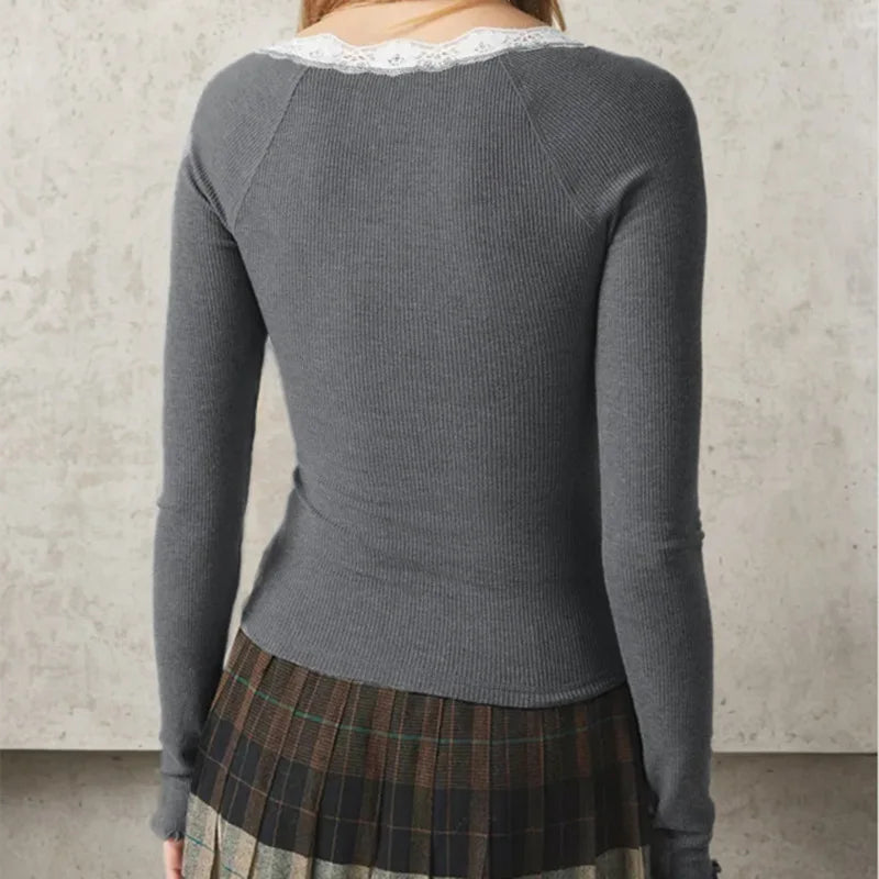 Grey Long Sleeve Lace-Trim Top