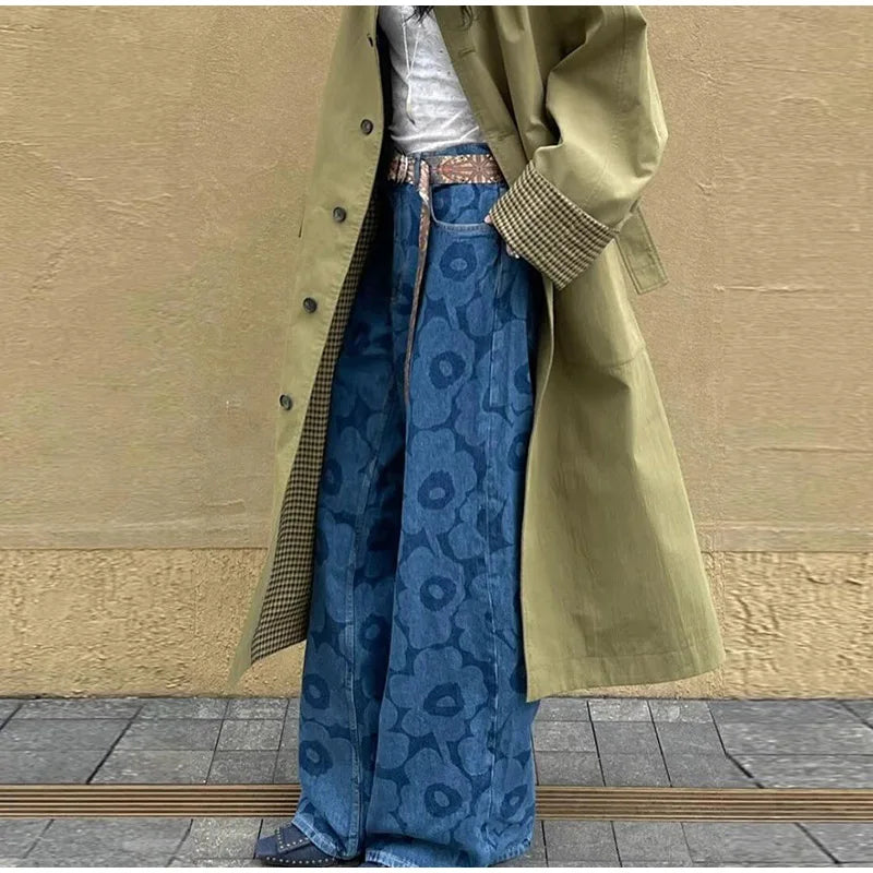 Blue Floral Wide-Leg Jeans