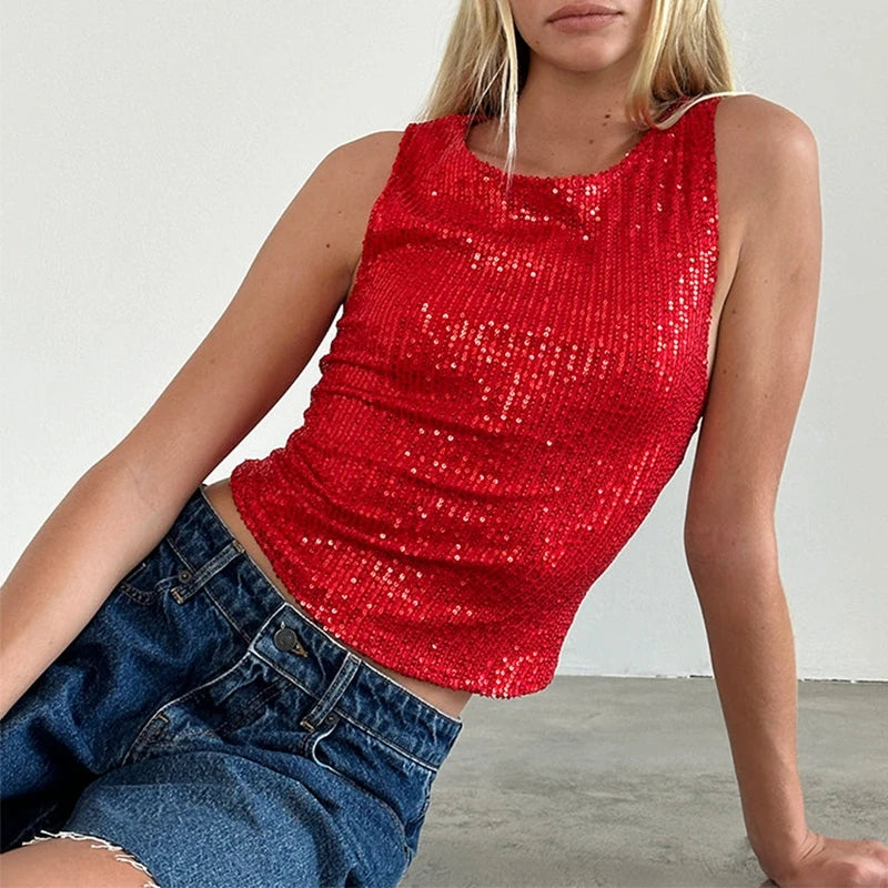 Sleeveless Crew Neck Sequin Top