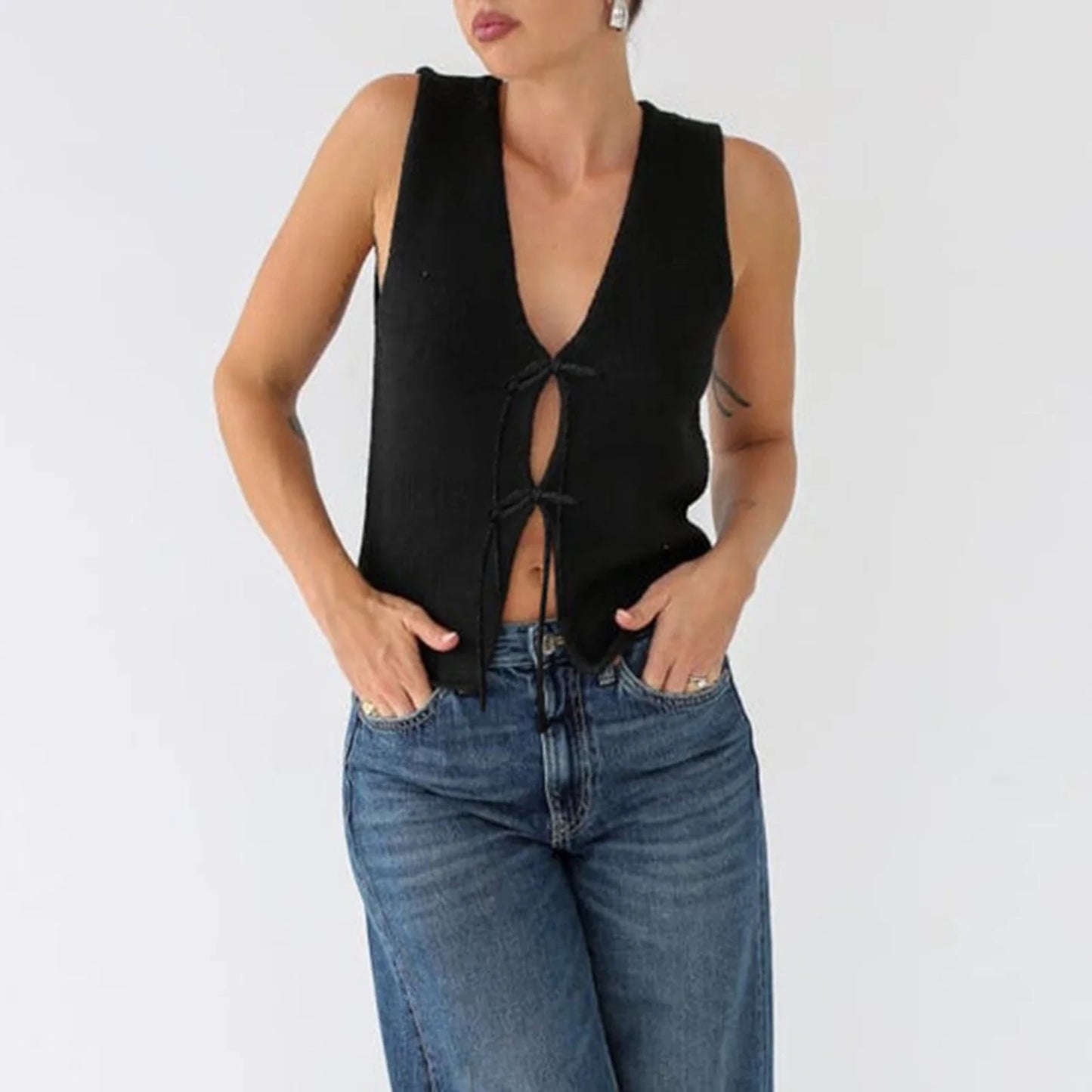 Open Front Sleeveless Bow Knot Top