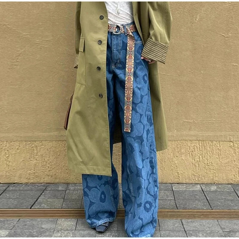 Blue Floral Wide-Leg Jeans