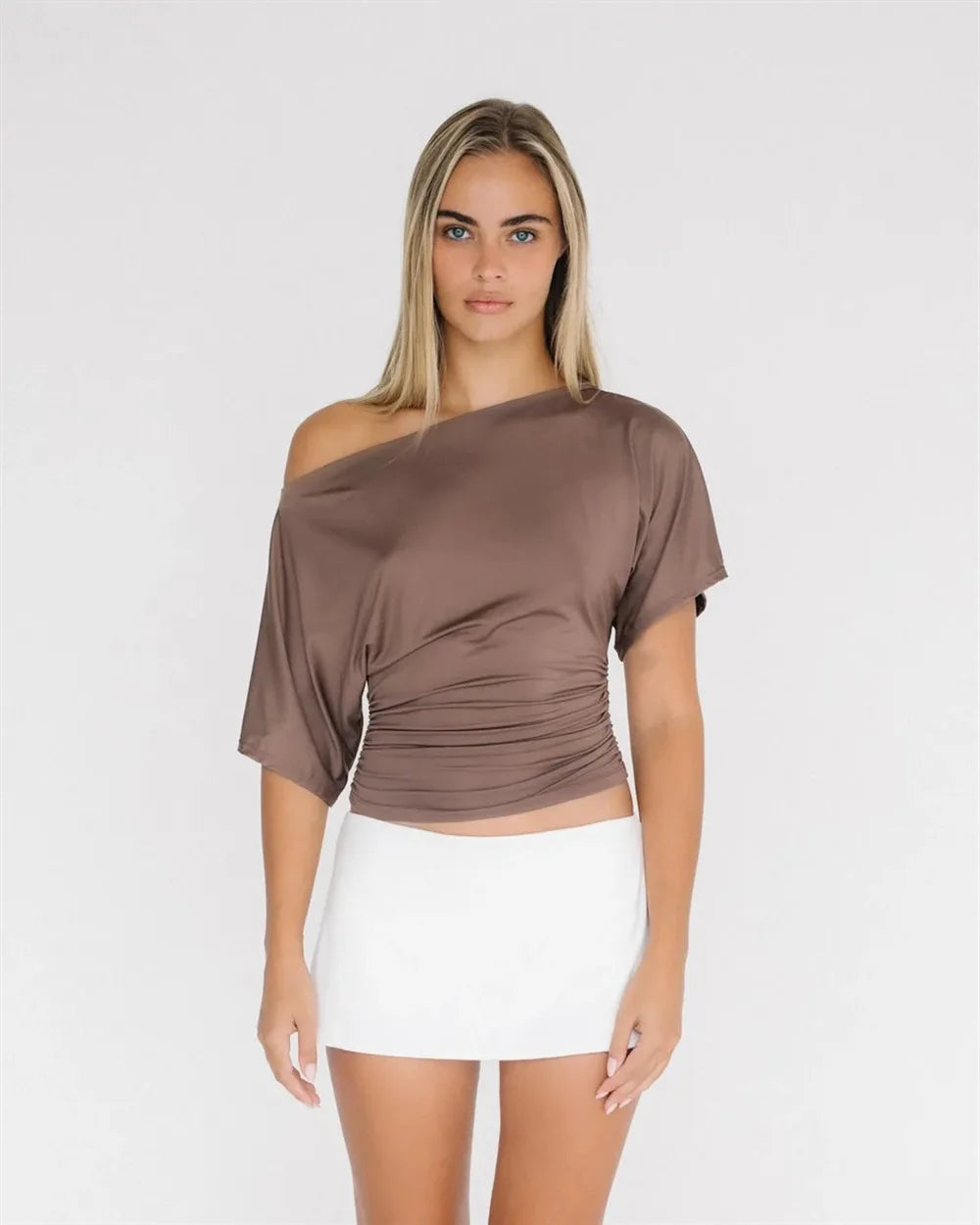 Mocha Off-Shoulder Ruched Top