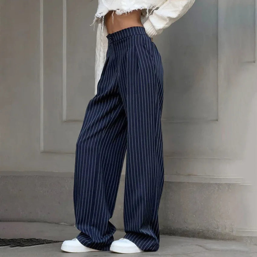 Navy Blue Stripe Wide-Leg Pants