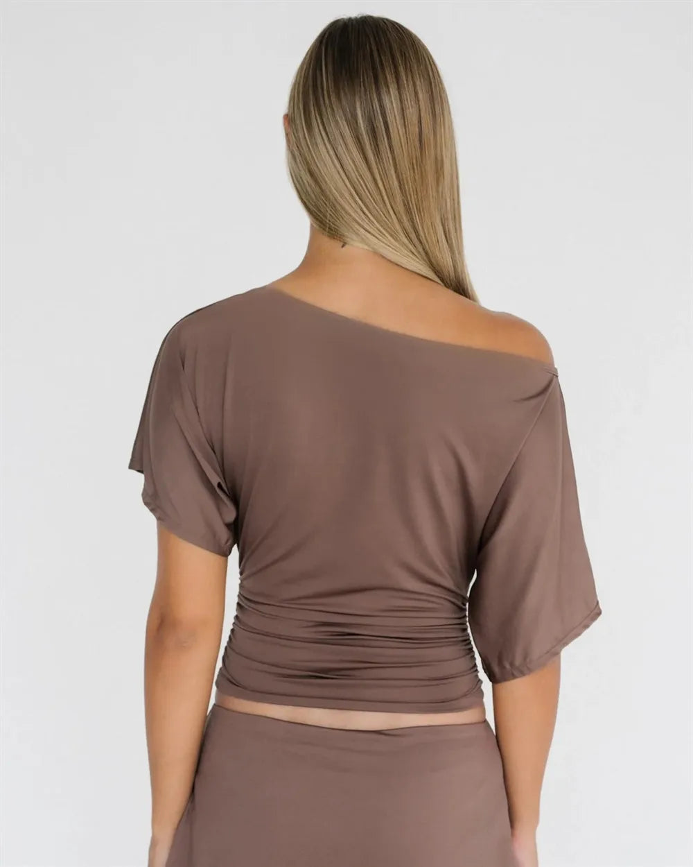 Mocha Off-Shoulder Ruched Top