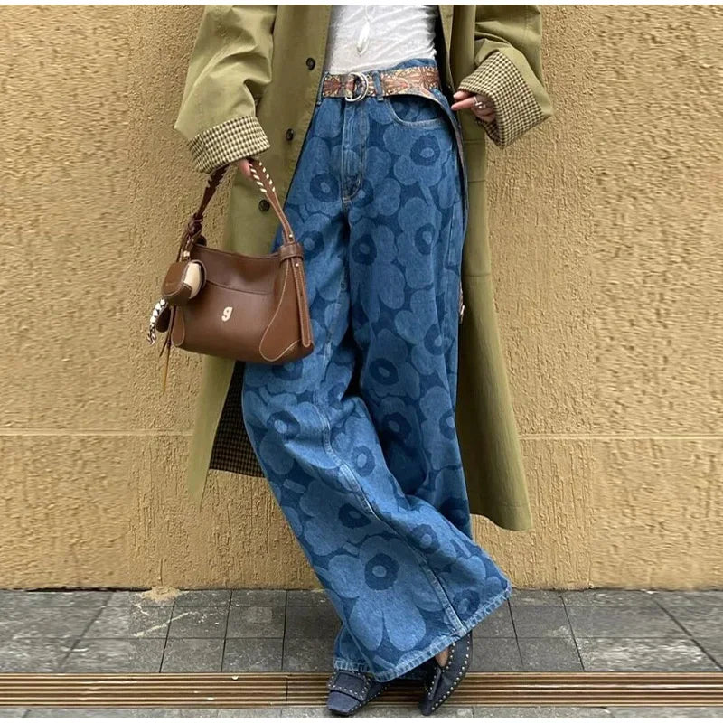 Blue Floral Wide-Leg Jeans