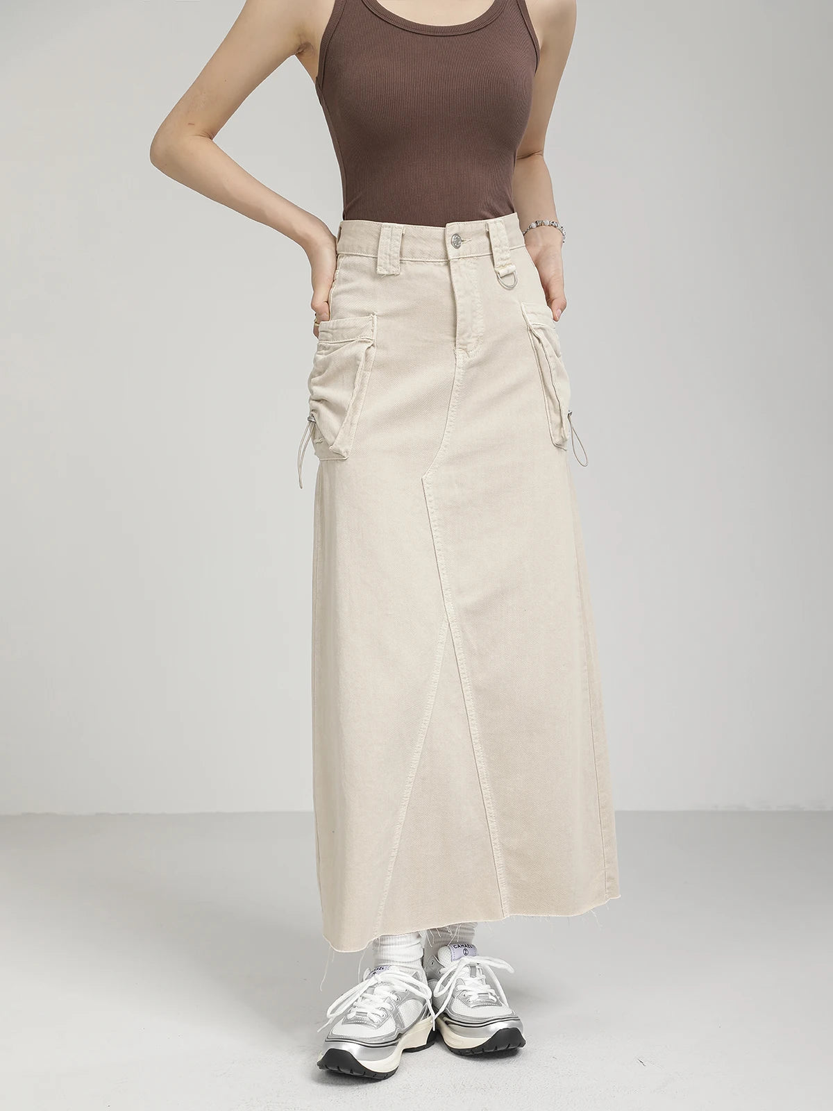 High-Waist Cargo Denim Skirt