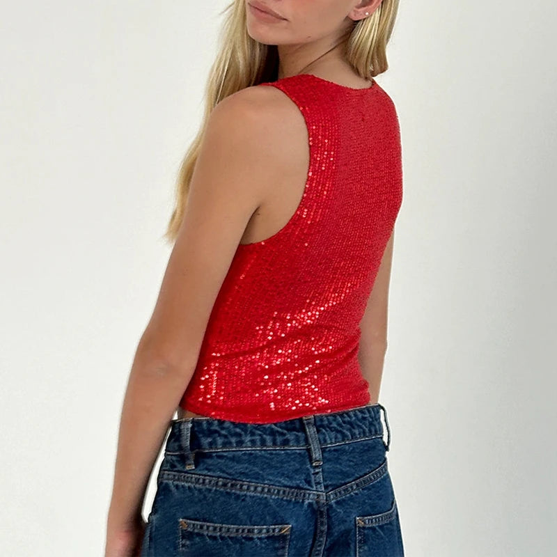 Sleeveless Crew Neck Sequin Top