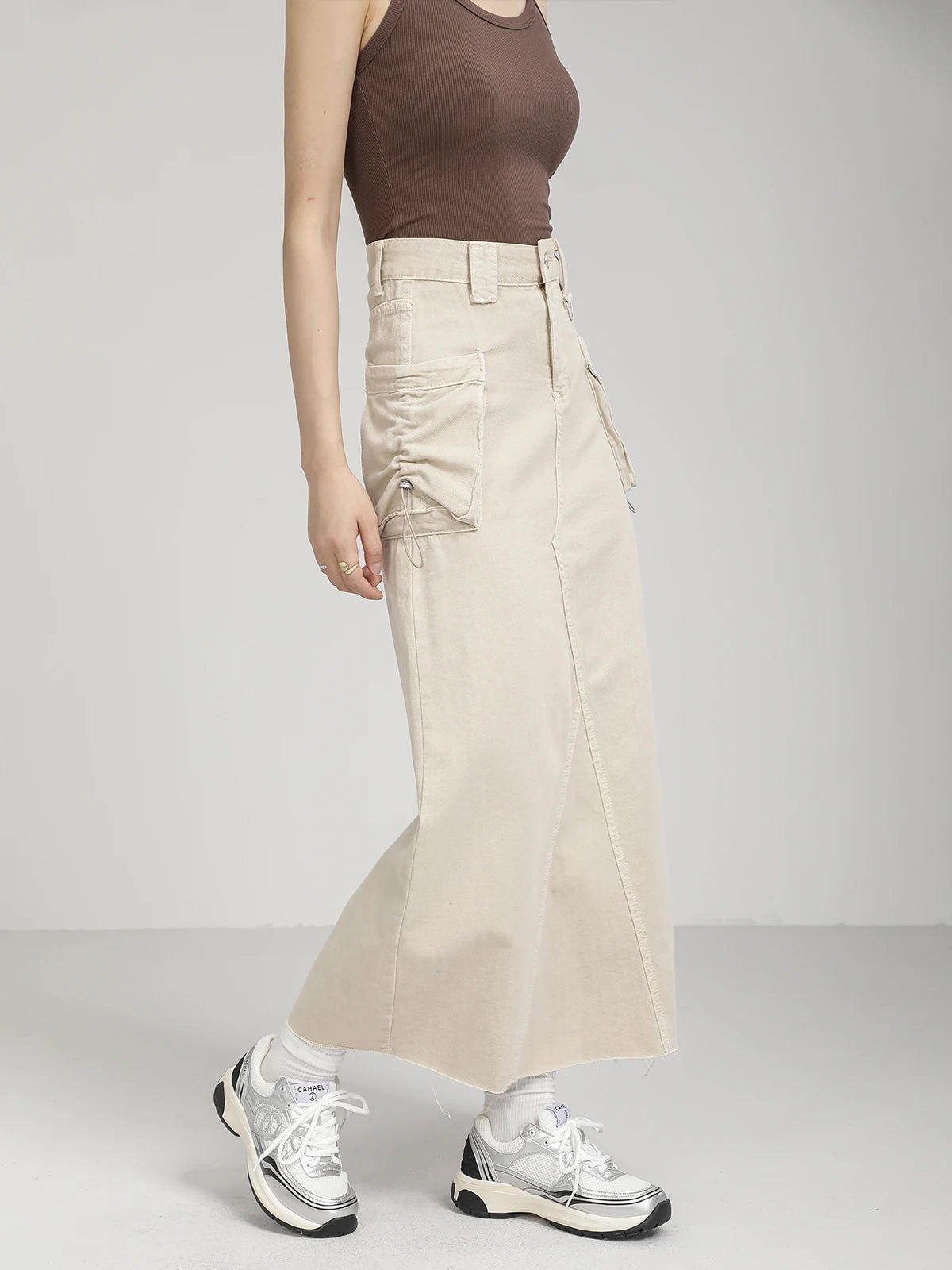 High-Waist Cargo Denim Skirt