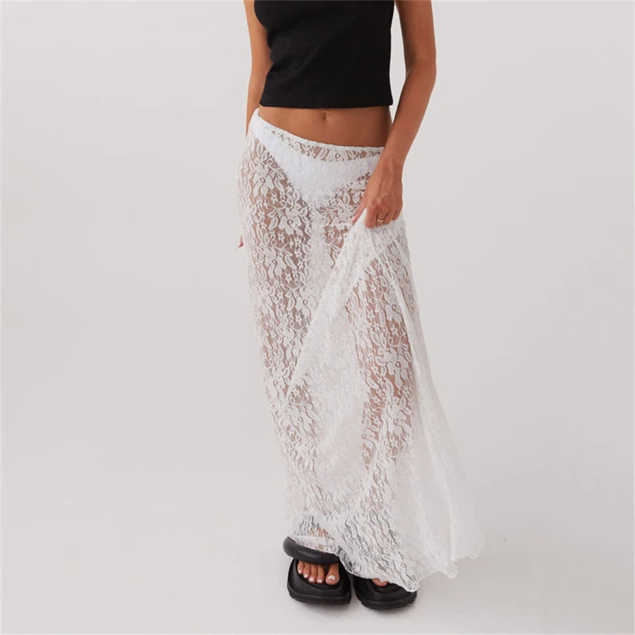 White Low-Rise Lace Long Skirt