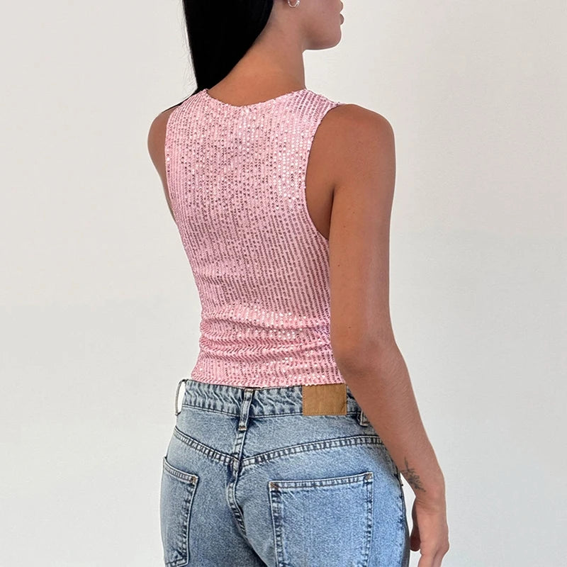 Sleeveless Crew Neck Sequin Top