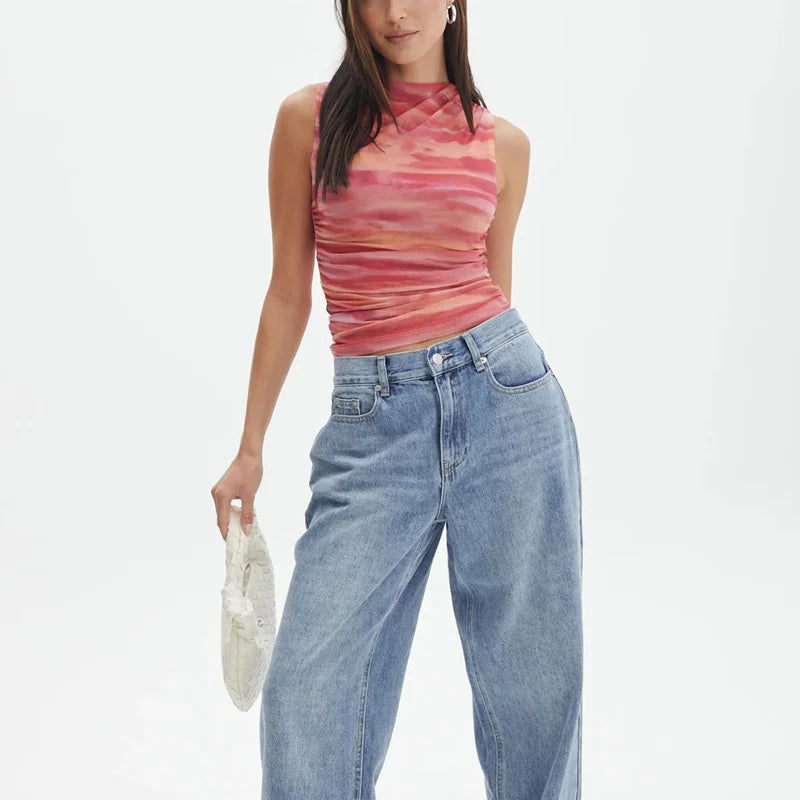 Tie-Dye Print Sleeveless Mesh Top