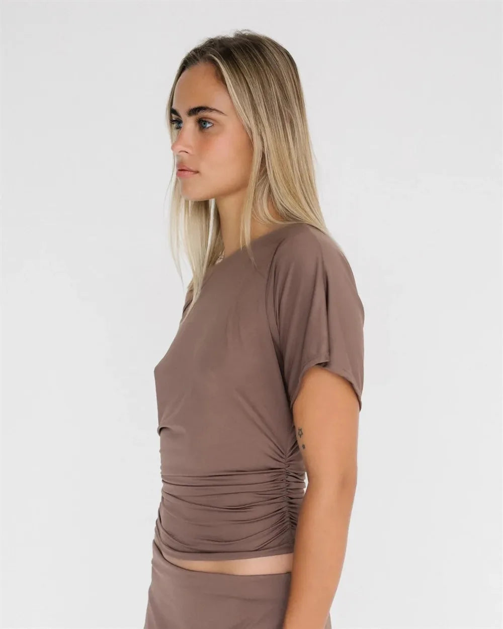Mocha Off-Shoulder Ruched Top