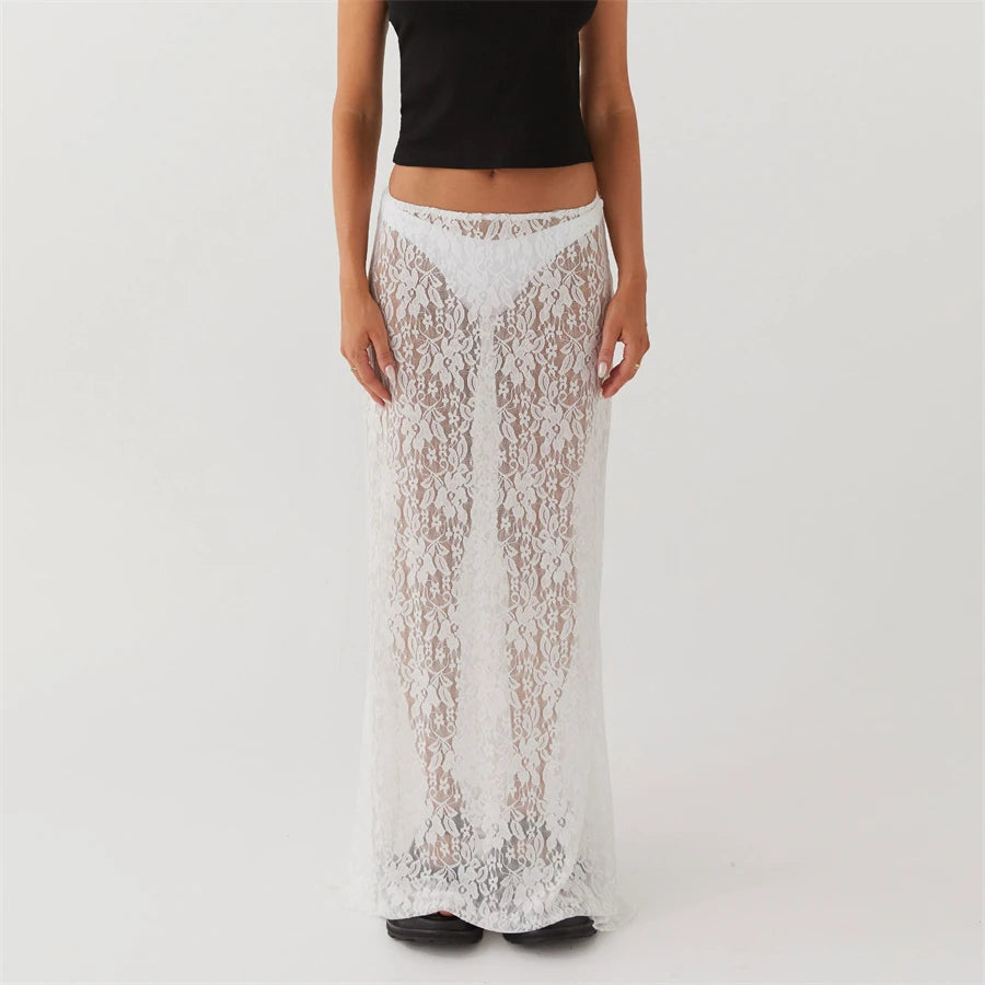 White Low-Rise Lace Long Skirt