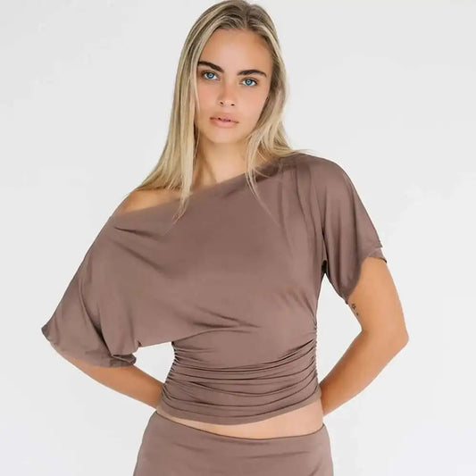 Mocha Off-Shoulder Ruched Top
