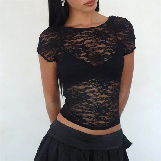 Black Lace Short-Sleeved Top
