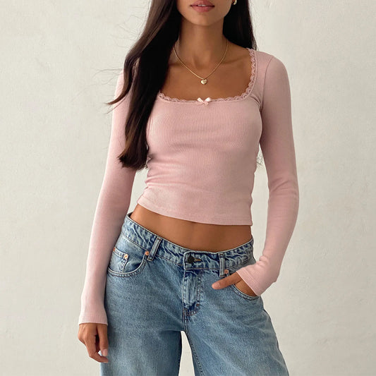 Ribbed Square Neck Long Sleeve