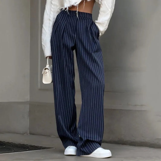 Navy Blue Stripe Wide-Leg Pants