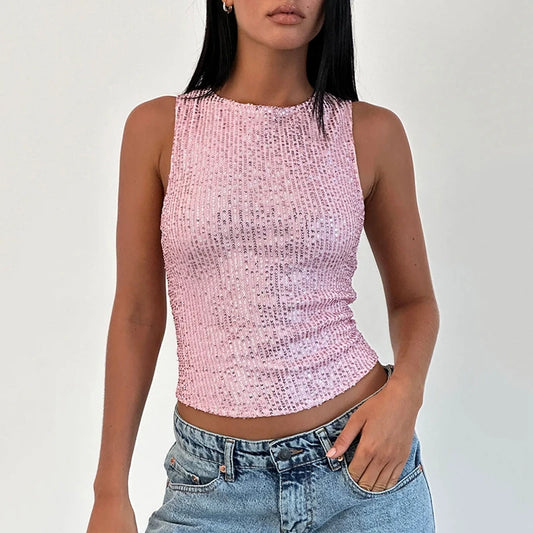 Sleeveless Crew Neck Sequin Top