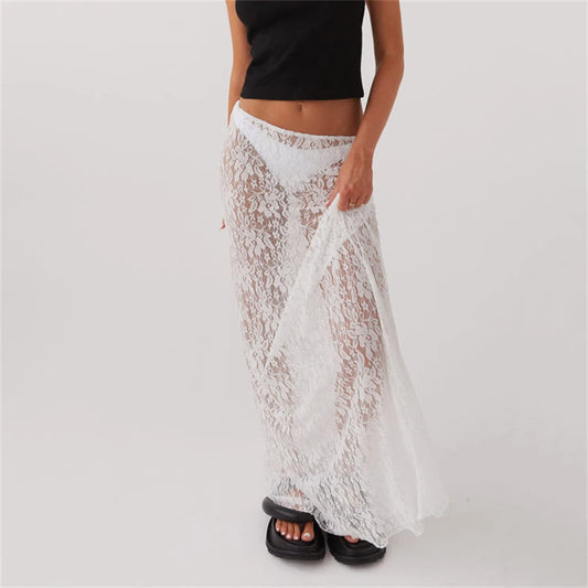 White Low-Rise Lace Long Skirt